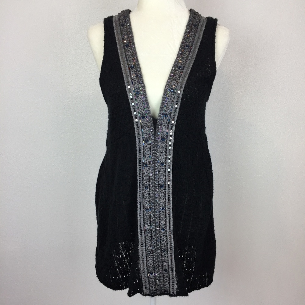 Free People Black Mini Dress with Gray Beaded Trim